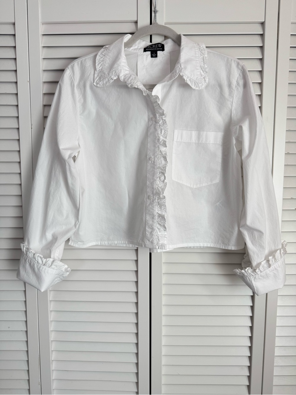 J. Crew Ruffle Trim Button-up Long Sleeve Shirt Cotton Crop White Preppy Small